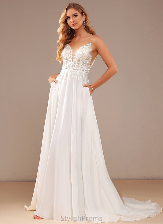 Beading Chiffon Sequins A-Line Feather Wedding Dresses Court Wedding Pockets V-neck Kinsley Dress With Train Lace Lace