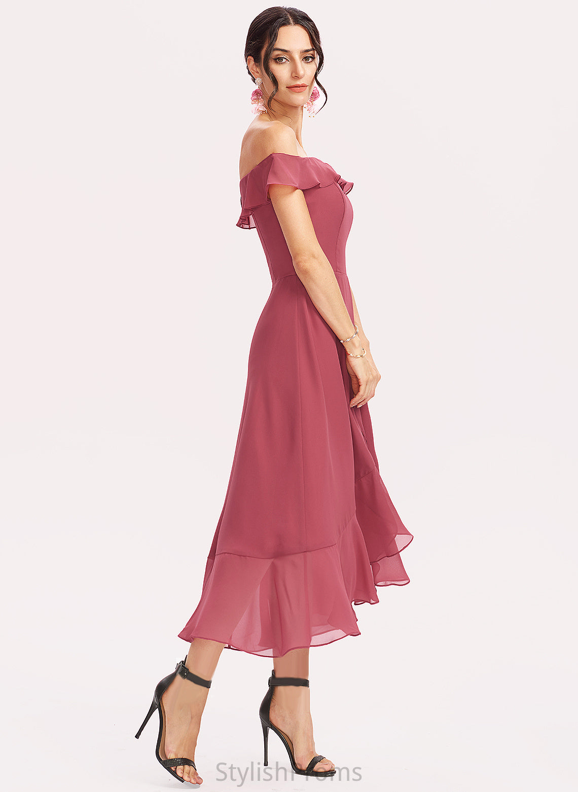 Off-the-Shoulder Dress Ruffles Cocktail Ashlynn Cocktail Dresses Tea-Length Cascading Chiffon A-Line With