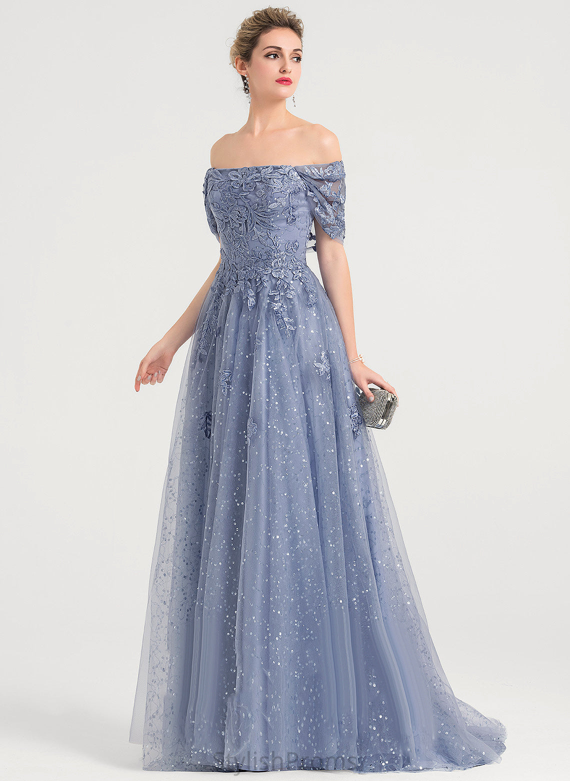 With Ashanti Sequins Lace Tulle Train Prom Dresses Sweep Off-the-Shoulder Ball-Gown/Princess