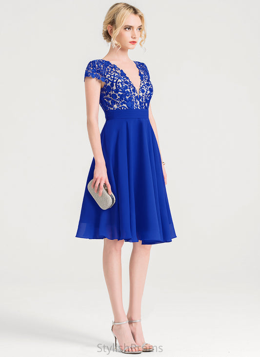 A-Line With Ruffle Dress V-neck Cocktail Dresses Prudence Cocktail Lace Knee-Length Chiffon