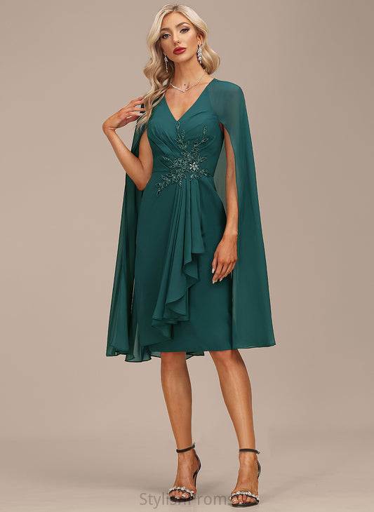 Sheath/Column Cascading Knee-Length V-neck Cocktail Dresses Dress Cocktail Sequins Ruffles Margery Chiffon With Beading