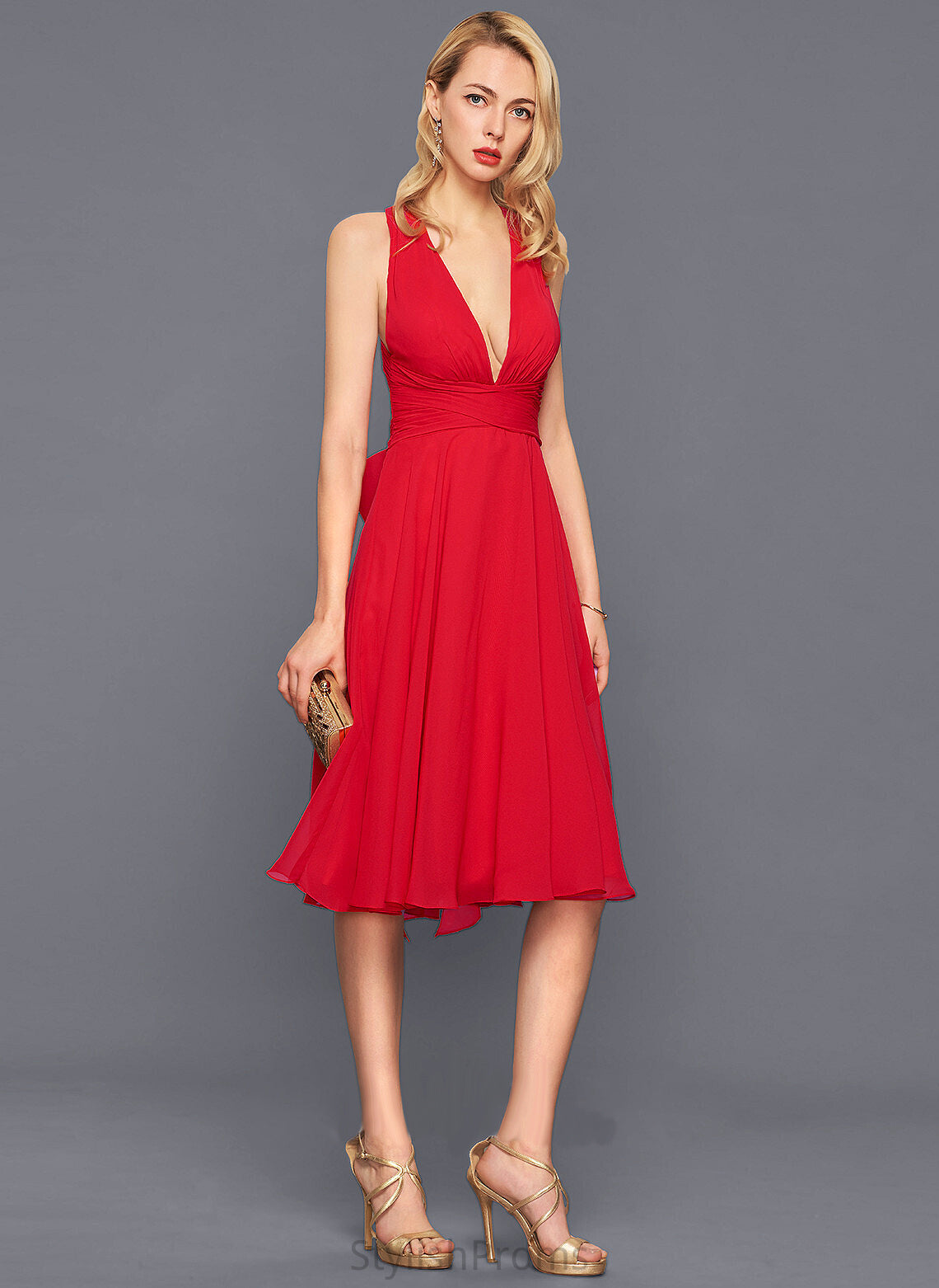 V-neck Dress Knee-Length Chiffon Cocktail A-Line Cocktail Dresses Ruffle Cierra With Bow(s)