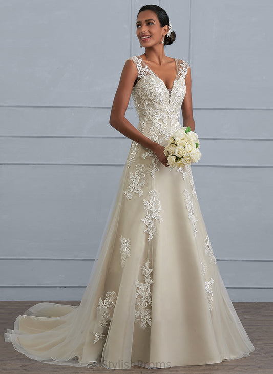 Sequins Wedding Dresses A-Line With Dress Beading Michaelia Wedding Lace Court Tulle V-neck Train