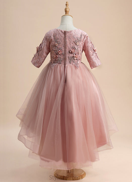 Girl Flower Scoop Ball-Gown/Princess - Sleeves Beading/Flower(s) Naomi Flower Girl Dresses 1/2 Tulle With Asymmetrical Dress Neck