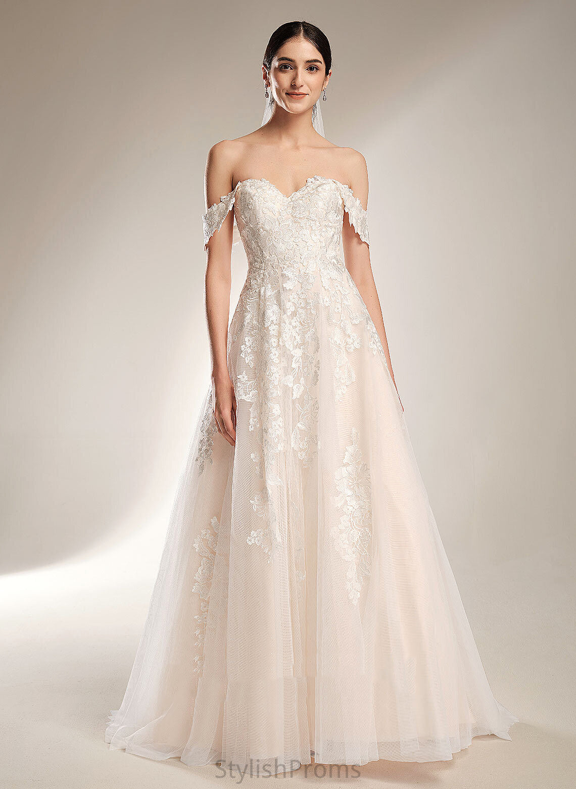 Tulle Ball-Gown/Princess Lace Off-the-Shoulder Dress Wedding Wedding Dresses Kinsley Chapel Train