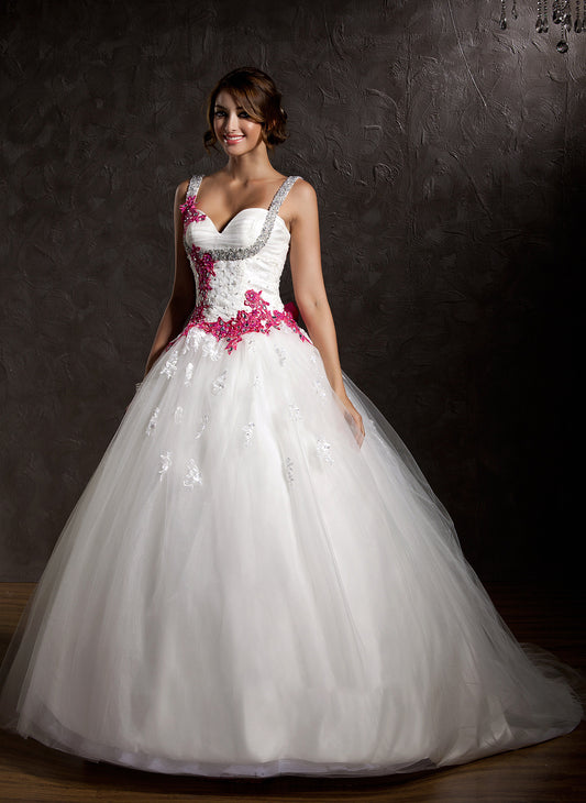 Tulle Ball-Gown/Princess Cali Ruffle Train Dress With Wedding Dresses Bow(s) Chapel Sweetheart Lace Appliques Wedding