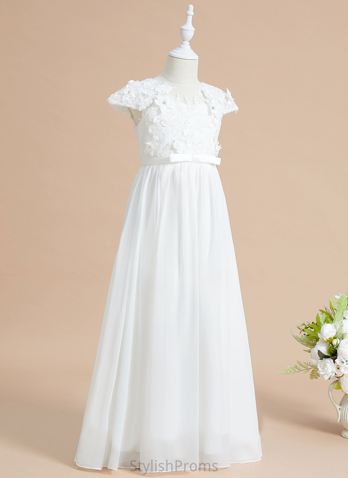 Kit Dress Scoop Girl A-Line Flower Neck Chiffon/Lace Flower(s) Flower Girl Dresses Floor-length Sleeves - With Short