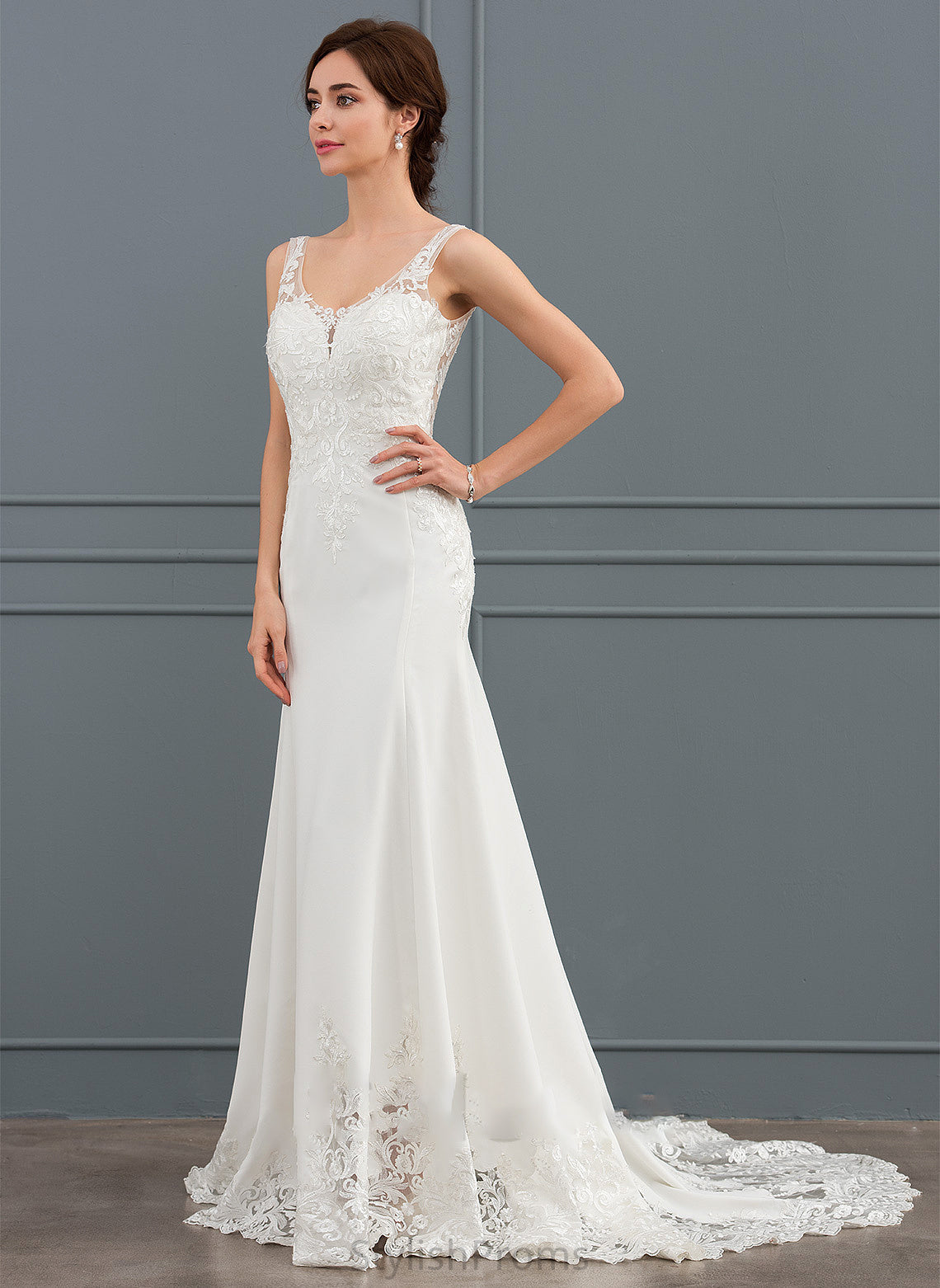 Trumpet/Mermaid Court V-neck Wedding Dresses Stretch Aliya With Crepe Sequins Dress Lace Wedding Train