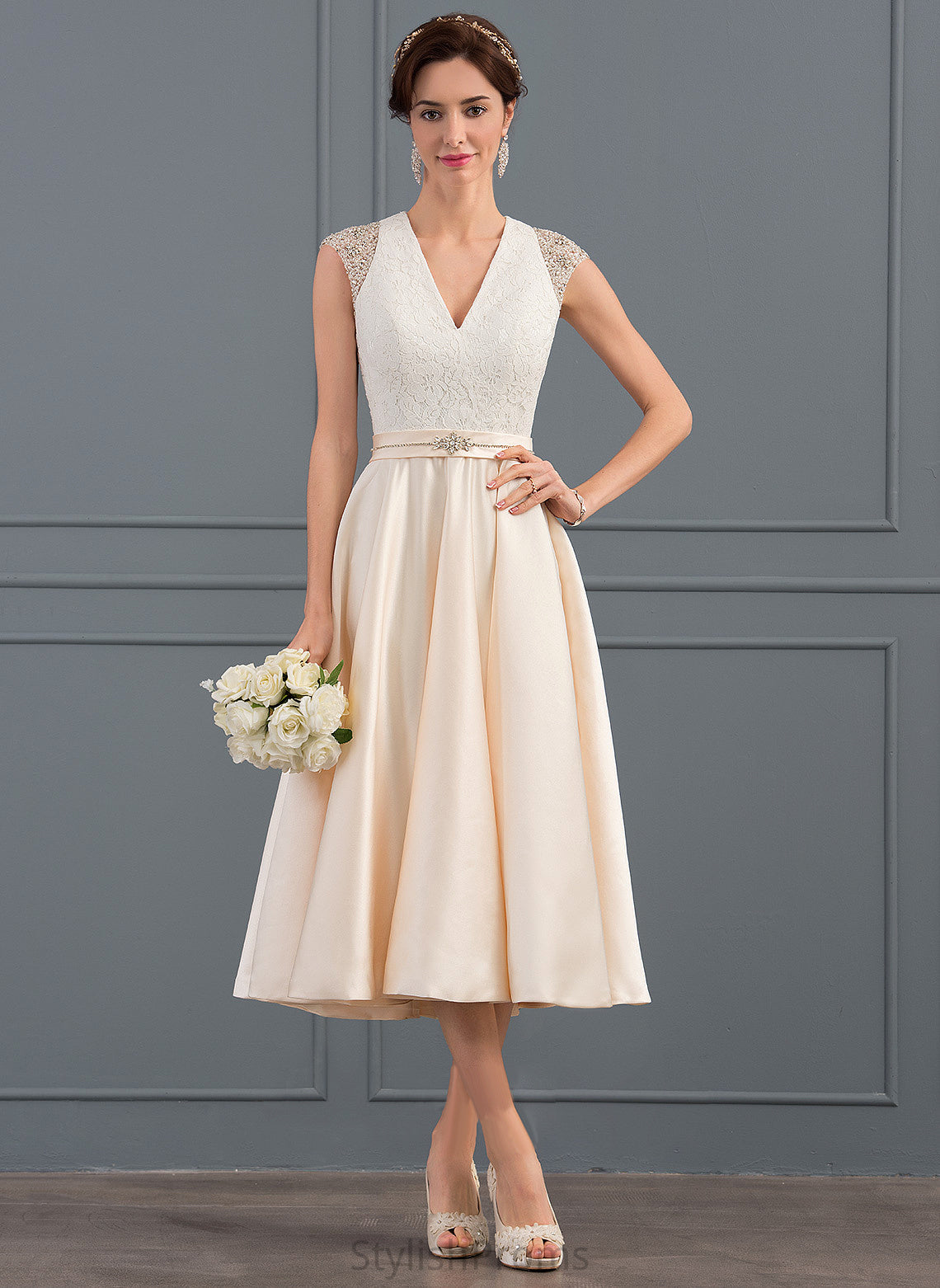 Beading Dress Tea-Length With Wedding Dresses Olympia Satin Lace A-Line V-neck Sequins Wedding