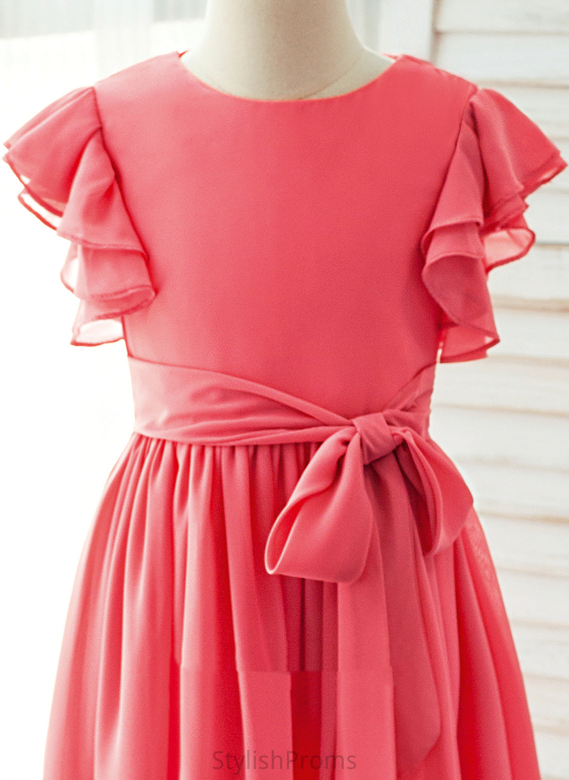 Chiffon Neck Short Girl Dress - Sash Scoop Ankle-length Mariam Flower Girl Dresses Sleeves Flower With A-Line/Princess