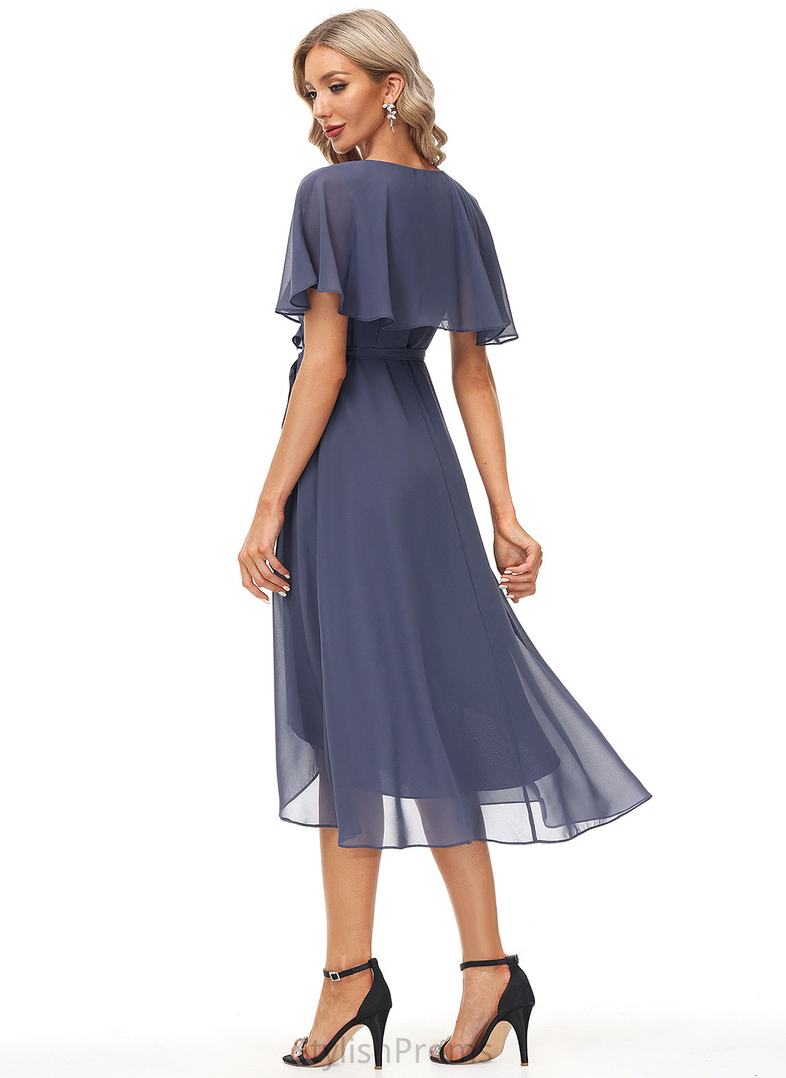 With Tea-Length Dress V-neck Cocktail Sash Cocktail Dresses A-Line Split Lizbeth Chiffon Front