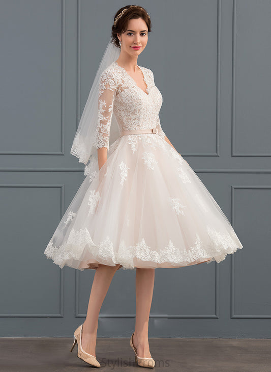 Tulle A-Line With Bow(s) Knee-Length V-neck Wedding Alannah Dress Wedding Dresses Lace