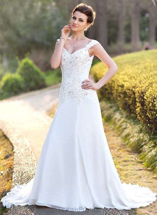 Wedding Court With A-Line Beading Train Sequins Dress Lace Regan Chiffon Wedding Dresses V-neck