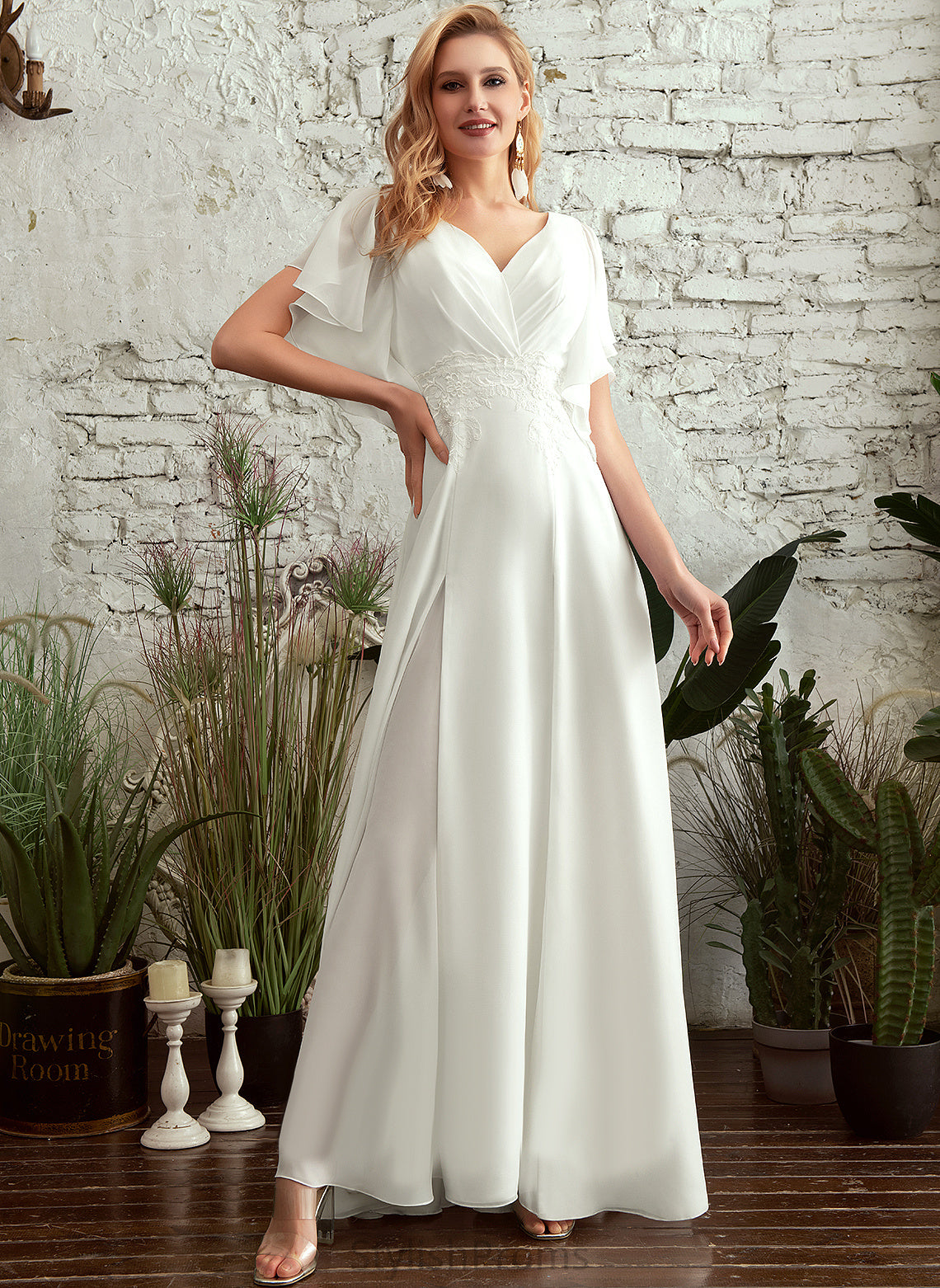 Front Lace Wedding Dresses With Dress Wedding Split Floor-Length Chiffon A-Line V-neck Julie