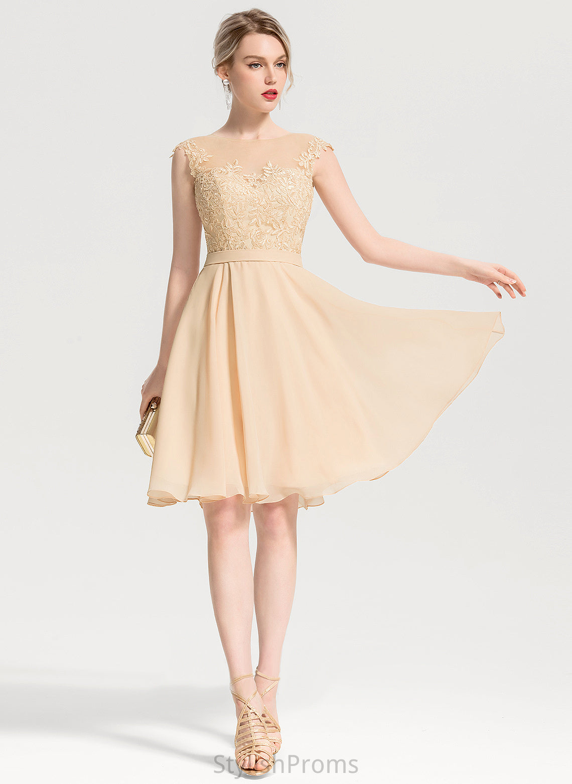 Dress Cocktail Knee-Length Lace With Appliques Scoop Chiffon Neck Phoebe Lace Cocktail Dresses A-Line