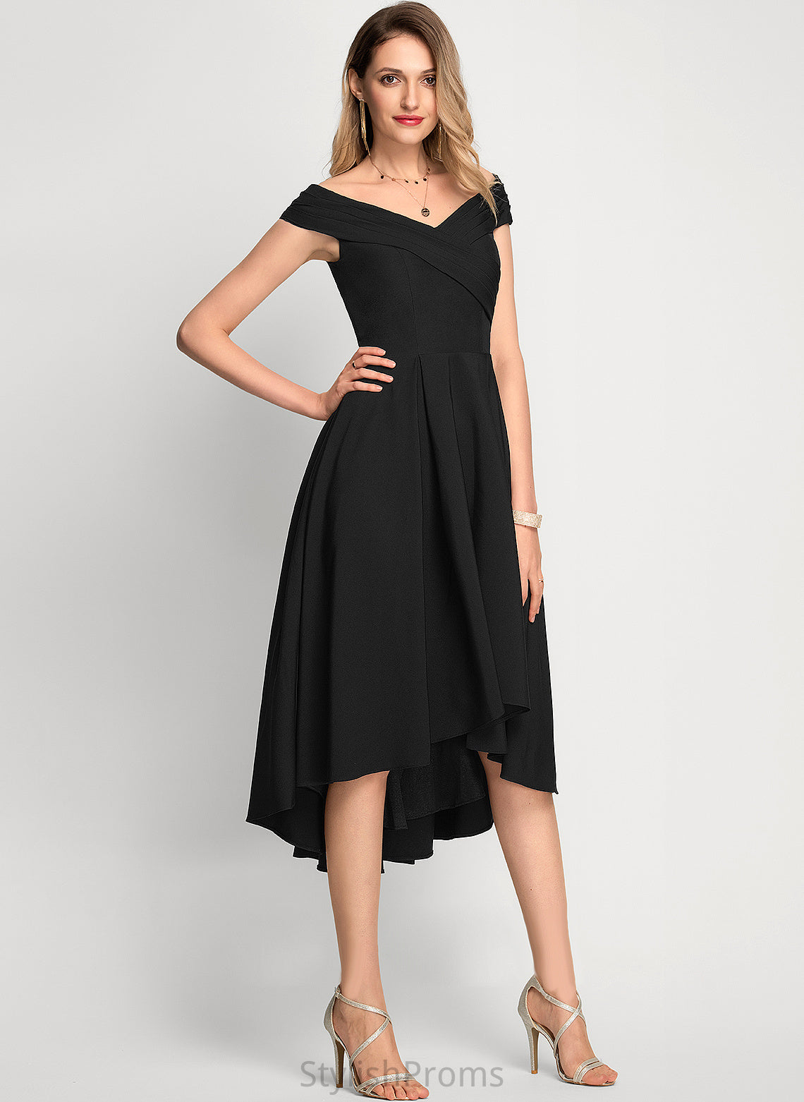 Sadie A-Line Cocktail Crepe Off-the-Shoulder Asymmetrical Dress Stretch Cocktail Dresses