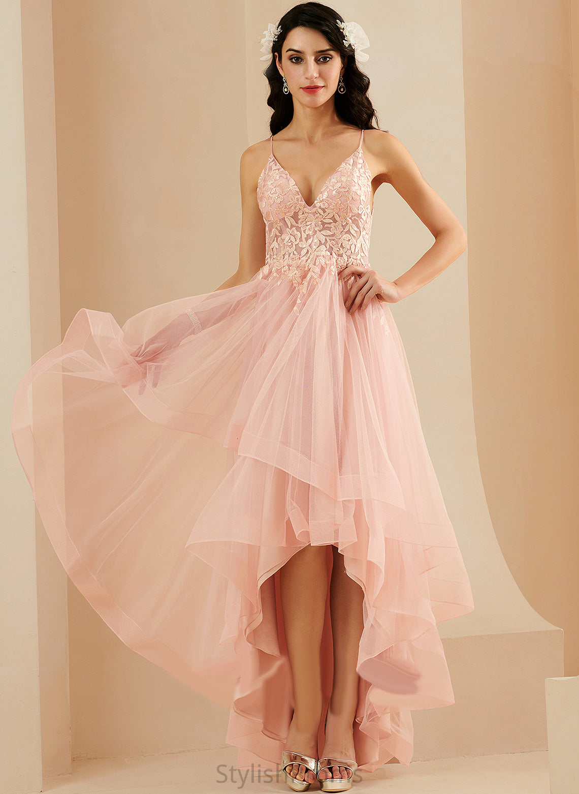 Brynn Asymmetrical Ball-Gown/Princess Prom Dresses V-neck Lace Tulle