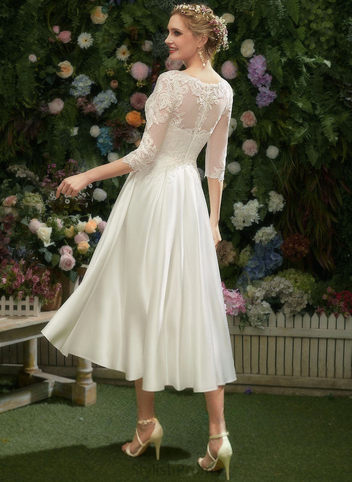 Lace Satin Illusion Harper Tea-Length Wedding Dresses Dress A-Line Wedding