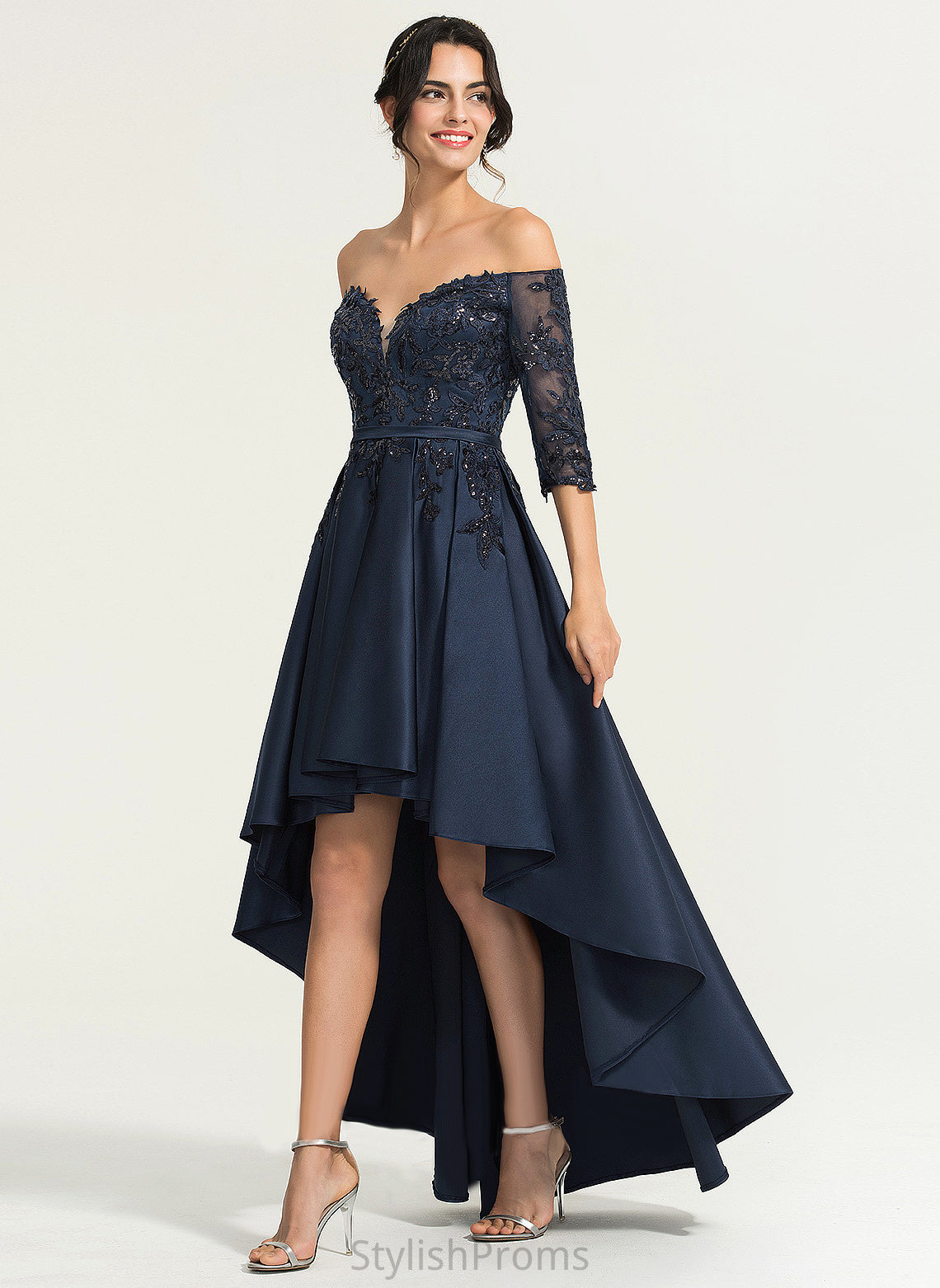 Sequins Off-the-Shoulder Asymmetrical Prom Dresses Destinee With Lace Satin A-Line