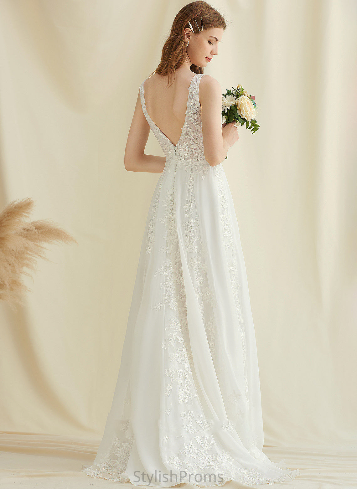 Train V-neck Dress A-Line Sequins Chiffon Lace Urania Wedding Dresses With Wedding Sweep