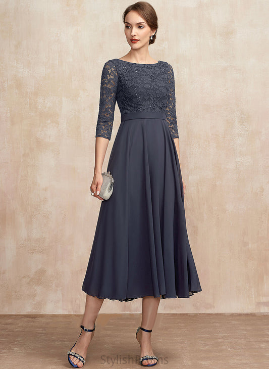 Kaitlynn Lace Sequins Tea-Length Scoop Cocktail Dresses With A-Line Neck Cocktail Chiffon Dress