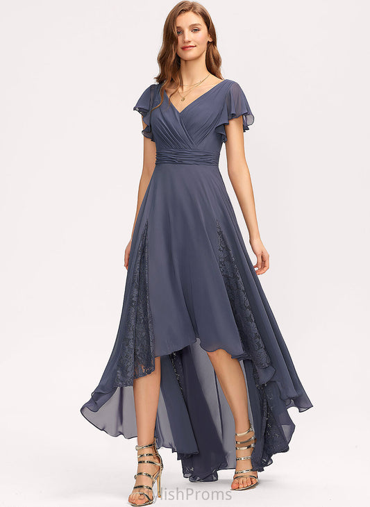 Ruffle Hailee Cocktail Asymmetrical Dress Chiffon Lace V-neck With Cocktail Dresses A-Line