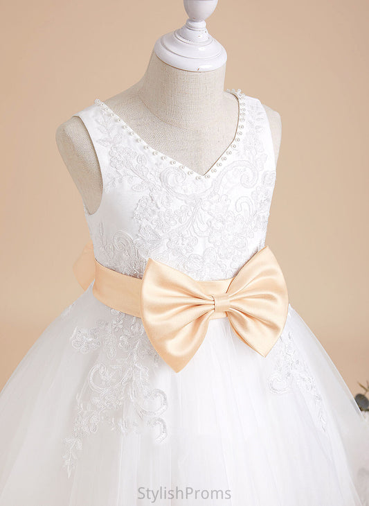 Dress A-Line Tulle/Lace - With Girl Flower Flower Girl Dresses V-neck Sash/Beading/Bow(s) Sleeveless Rosie Knee-length