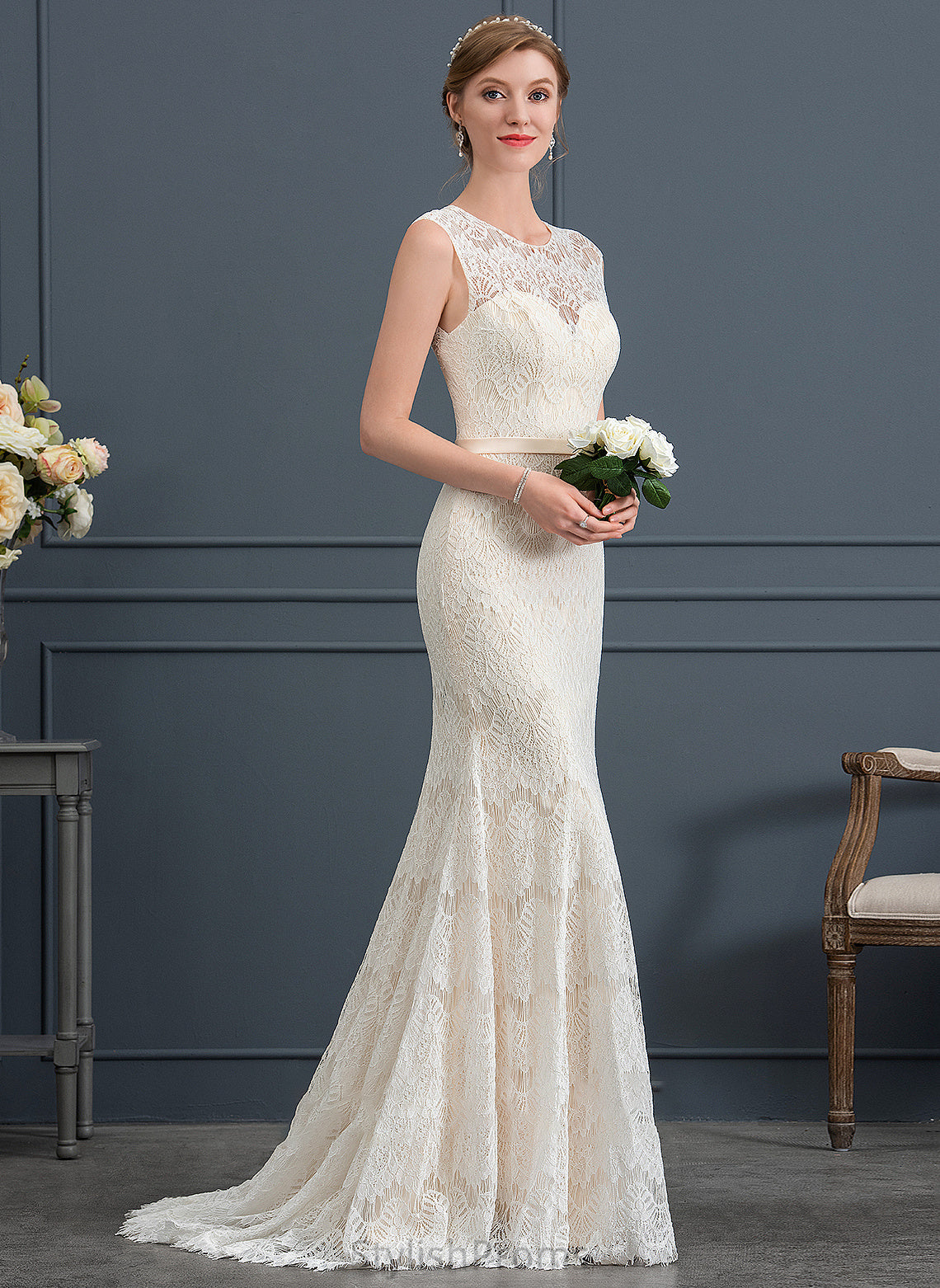 Sweep Lace Train Julia Trumpet/Mermaid Neck Wedding Dress Scoop Wedding Dresses