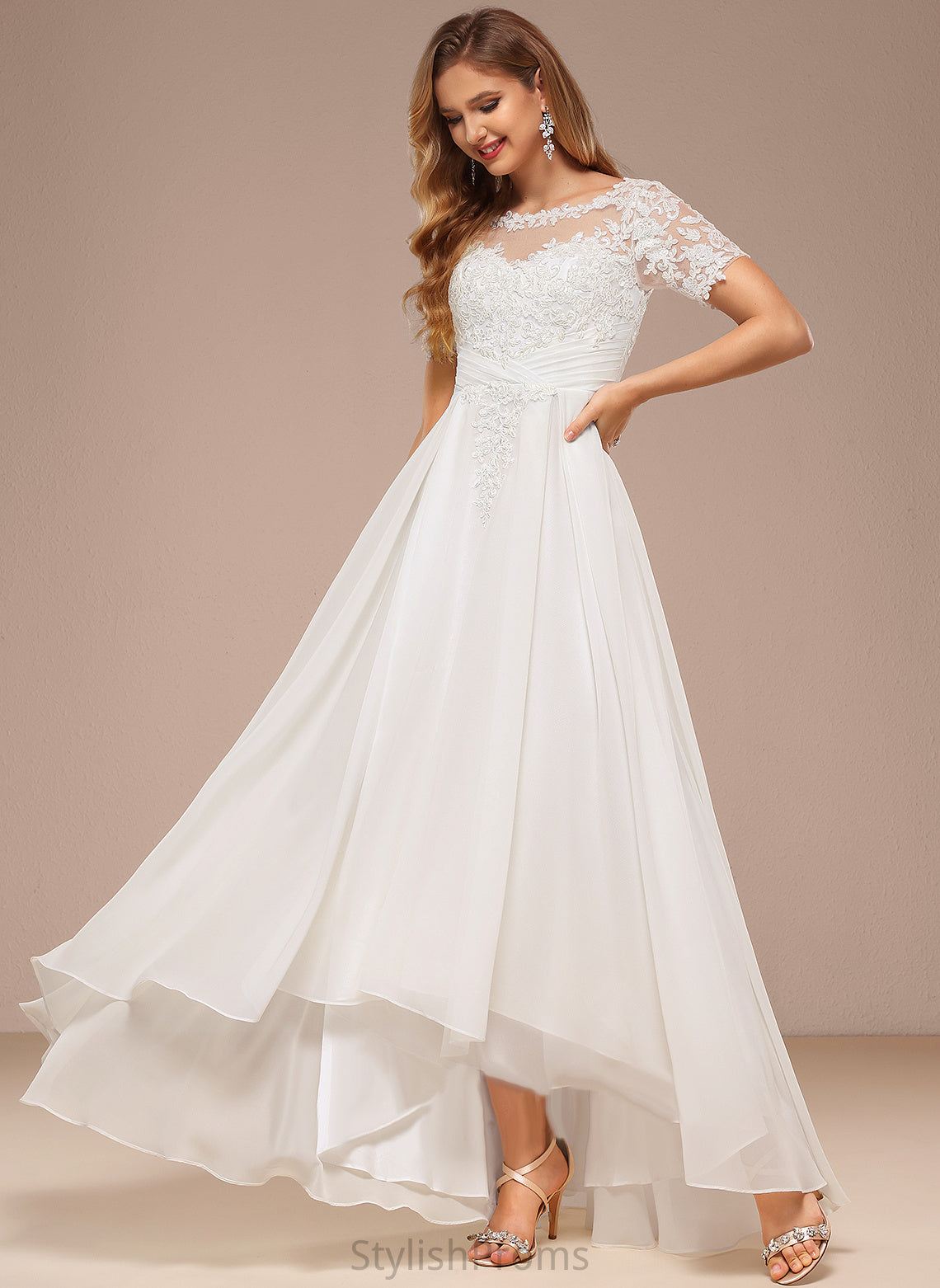 Boat Chiffon A-Line Asymmetrical Wedding Neck Lace Dress Wedding Dresses Haley