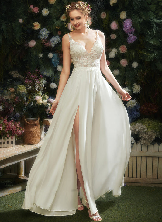 Dress Split Floor-Length Front Megan Wedding Wedding Dresses V-neck With A-Line Lace