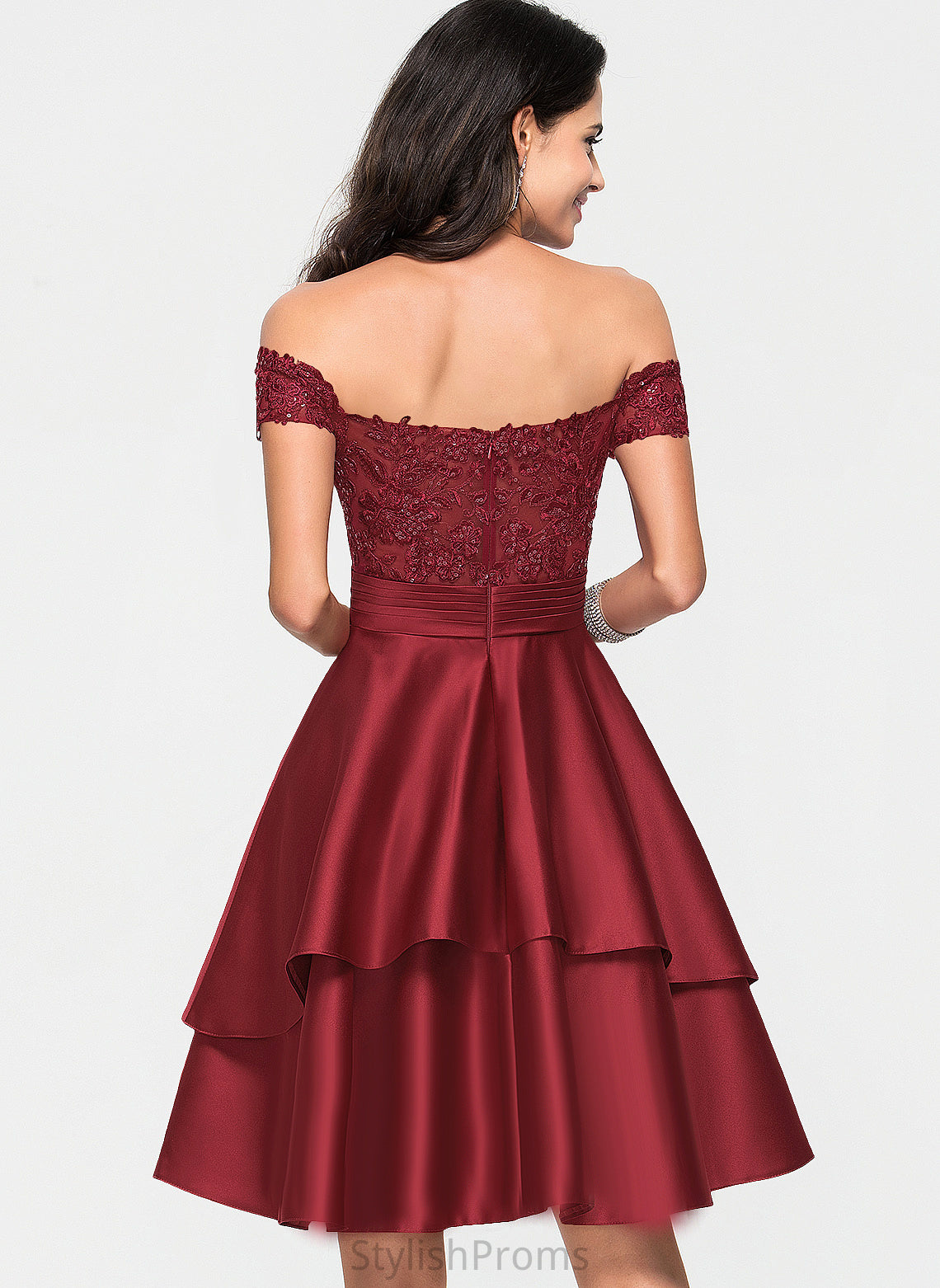 Cocktail Satin With Cocktail Dresses Knee-Length Lace A-Line Sequins Off-the-Shoulder Dress Maleah