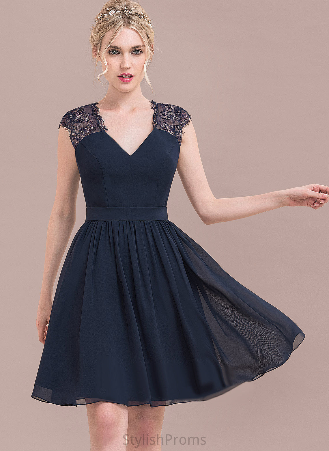 Knee-Length Chiffon Cocktail A-Line Lace Cocktail Dresses Kaitlin V-neck Dress