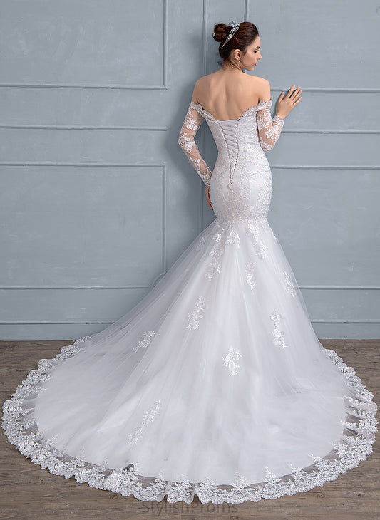 Trumpet/Mermaid Wedding Train Lace Chapel Dress Tulle Courtney Sequins Wedding Dresses With Beading