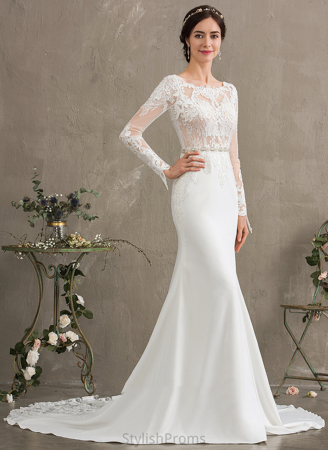 With Neck Lace Sequins Dress Beading Stretch Lindsey Wedding Dresses Scoop Chapel Wedding Trumpet/Mermaid Crepe Train