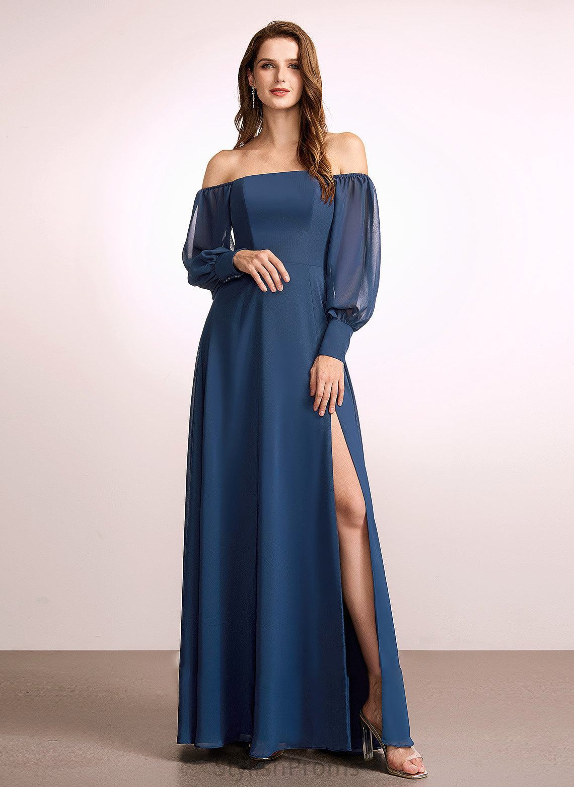 SplitFront Embellishment Length Silhouette Neckline A-Line Fabric Floor-Length Off-the-Shoulder Deborah Sleeveless Trumpet/Mermaid Bridesmaid Dresses