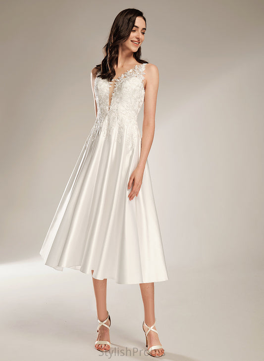 Tea-Length Satin Michaelia A-Line With Wedding Pockets Wedding Dresses Lace Dress V-neck