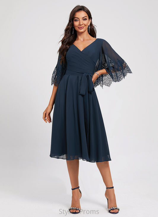 Dress Cocktail Dresses A-Line Sash V-neck Kenzie Knee-Length Lace Pleated With Cocktail Chiffon