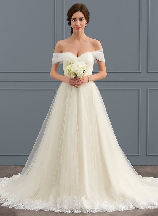 Lace Court Off-the-Shoulder Tulle Ball-Gown/Princess Wedding Dresses Ruffle Train With Dress Cecelia Wedding