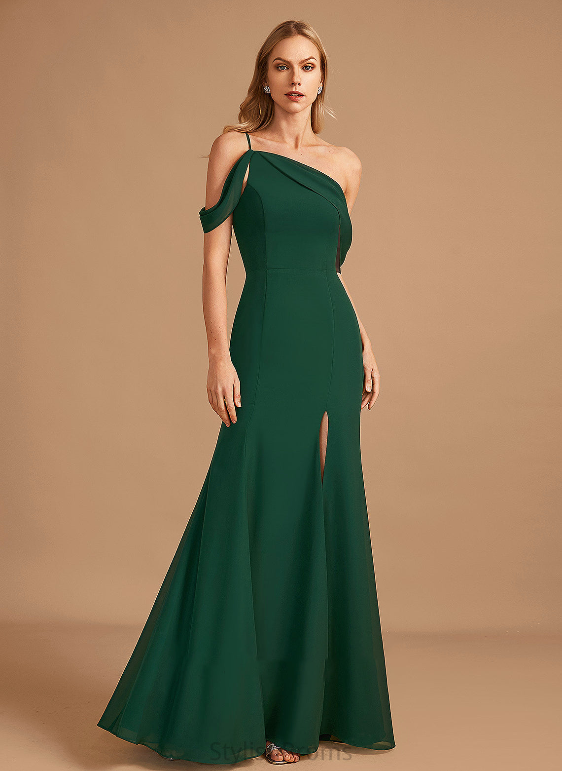 One-Shoulder Floor-Length Silhouette Fabric Length Neckline Embellishment SplitFront Trumpet/Mermaid Pamela High Low Spaghetti Staps Bridesmaid Dresses