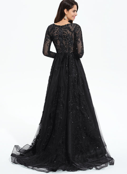 Sequins Train V-neck Ball-Gown/Princess With Tulle Prom Dresses Lace Leila Sweep