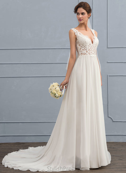 Gabrielle V-neck Wedding Dresses Dress Court Lace A-Line Chiffon Wedding Train