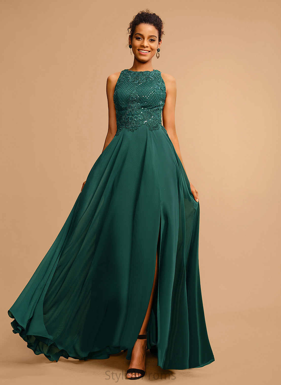 Chiffon Floor-Length With Scoop Lace Sequins Hope Prom Dresses A-Line