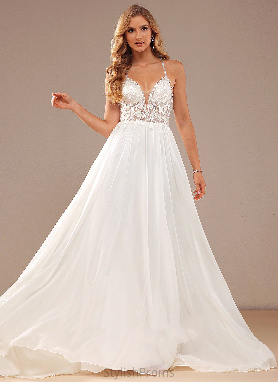 Beading Sweep Lace With Dress Wedding Lace Train Chiffon Sequins Cherish A-Line V-neck Wedding Dresses