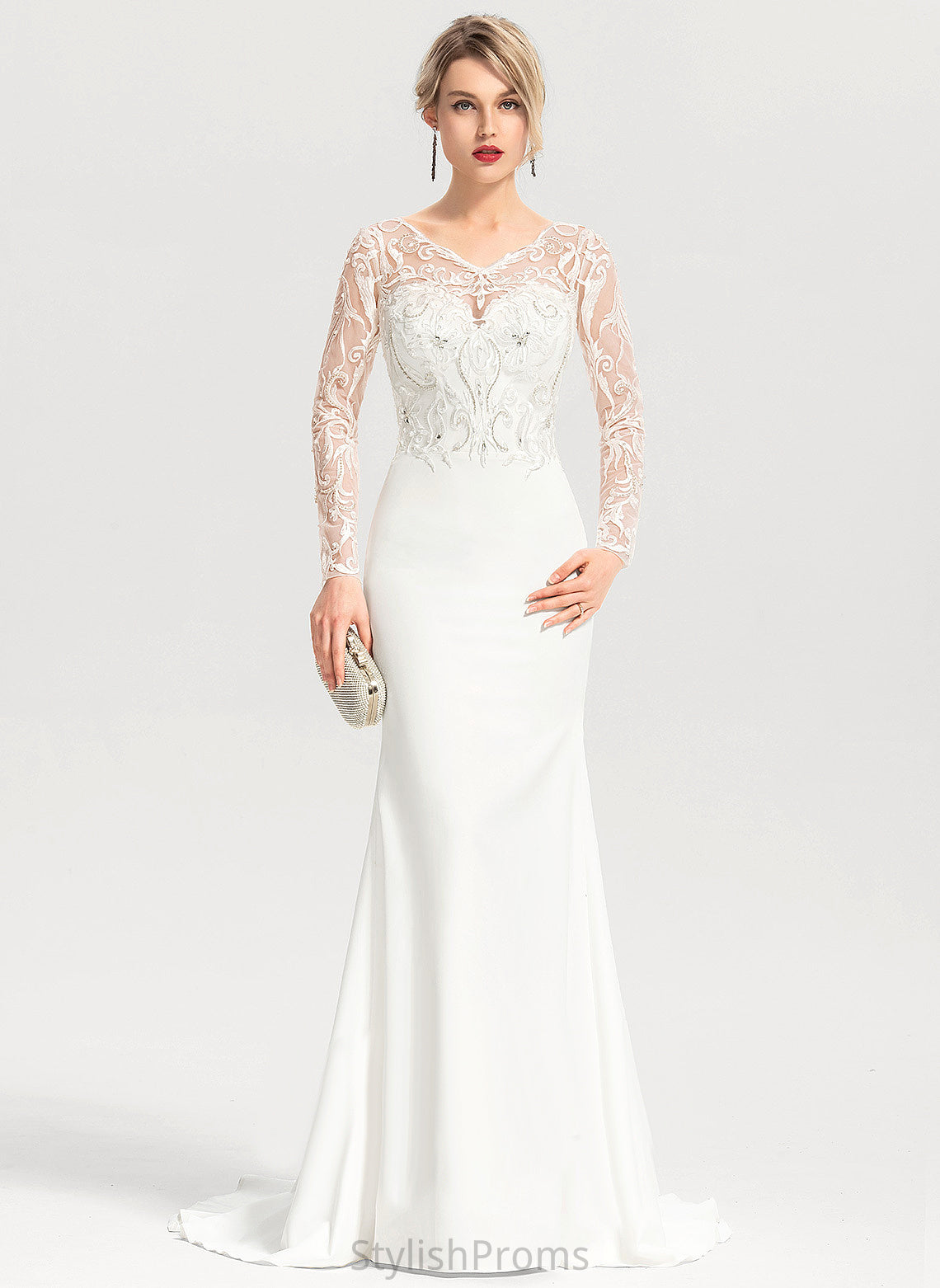 Wedding Dresses Dress Lace Train Sequins V-neck With Sweep Crepe Stretch Wedding Trumpet/Mermaid Beading Vanessa