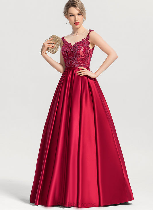 Sequins Floor-Length Scoop Ball-Gown/Princess Prom Dresses With Satin Ashanti Illusion Lace