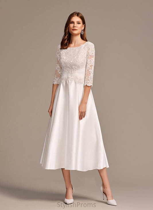 Pockets With Lace Riley Dress Satin Scoop Wedding Dresses Wedding Neck A-Line Tea-Length