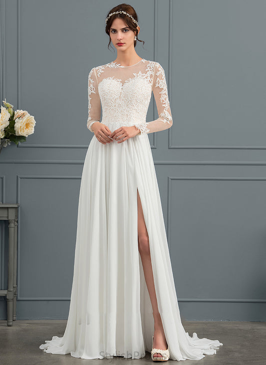 Wedding Dresses Haylee A-Line Appliques Split Train With Lace Chiffon Wedding Dress Illusion Sweep Front