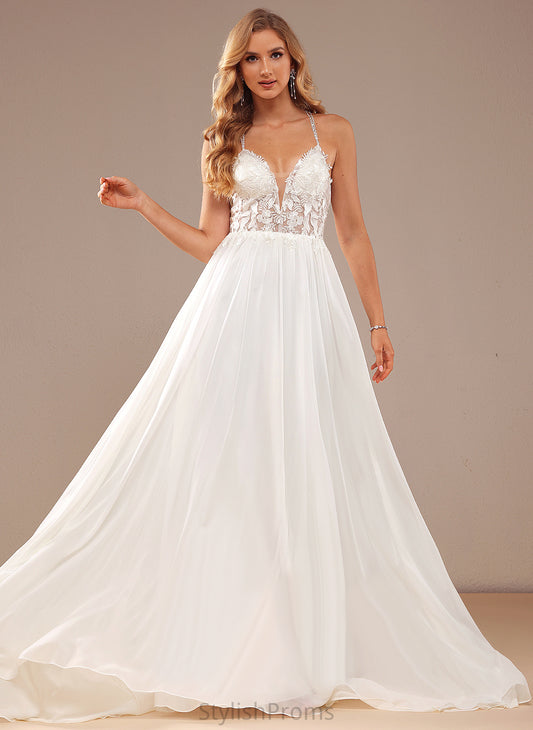 Train Sequins V-neck Wedding Dresses Lace Wedding Beading Chiffon Kailee A-Line Sweep Dress With