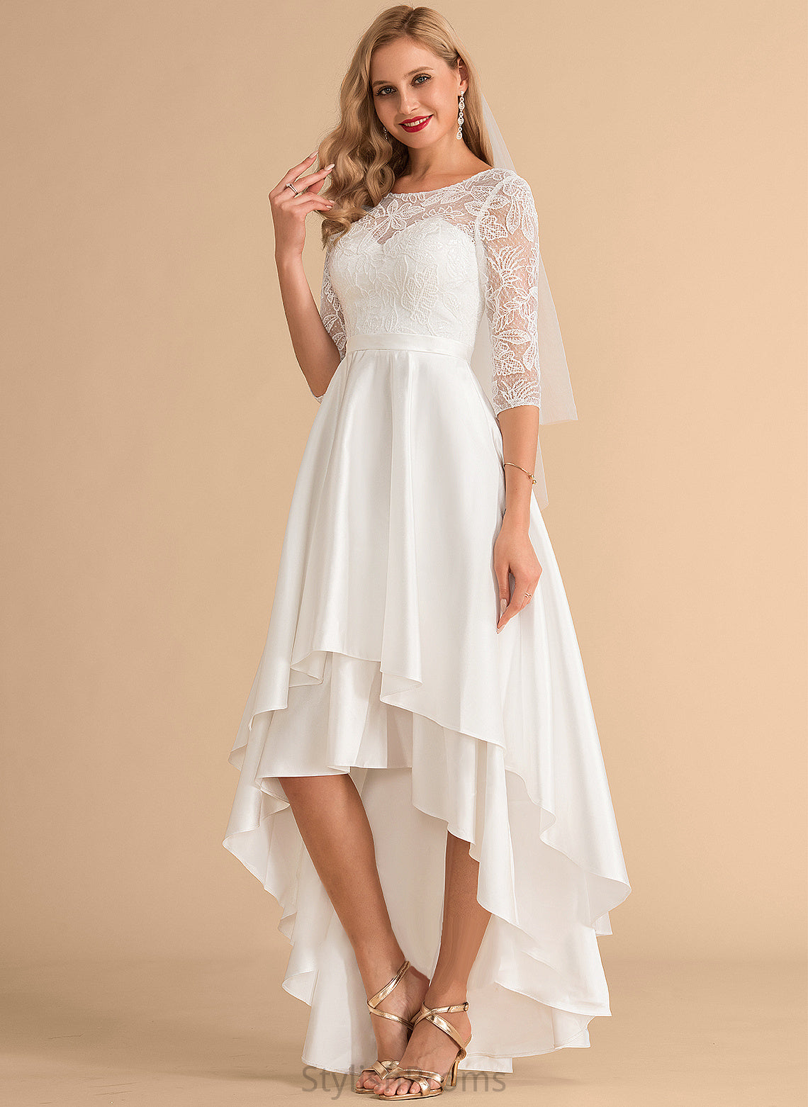 Asymmetrical Wedding Dresses Amari Wedding Neck A-Line Dress Lace Satin Scoop