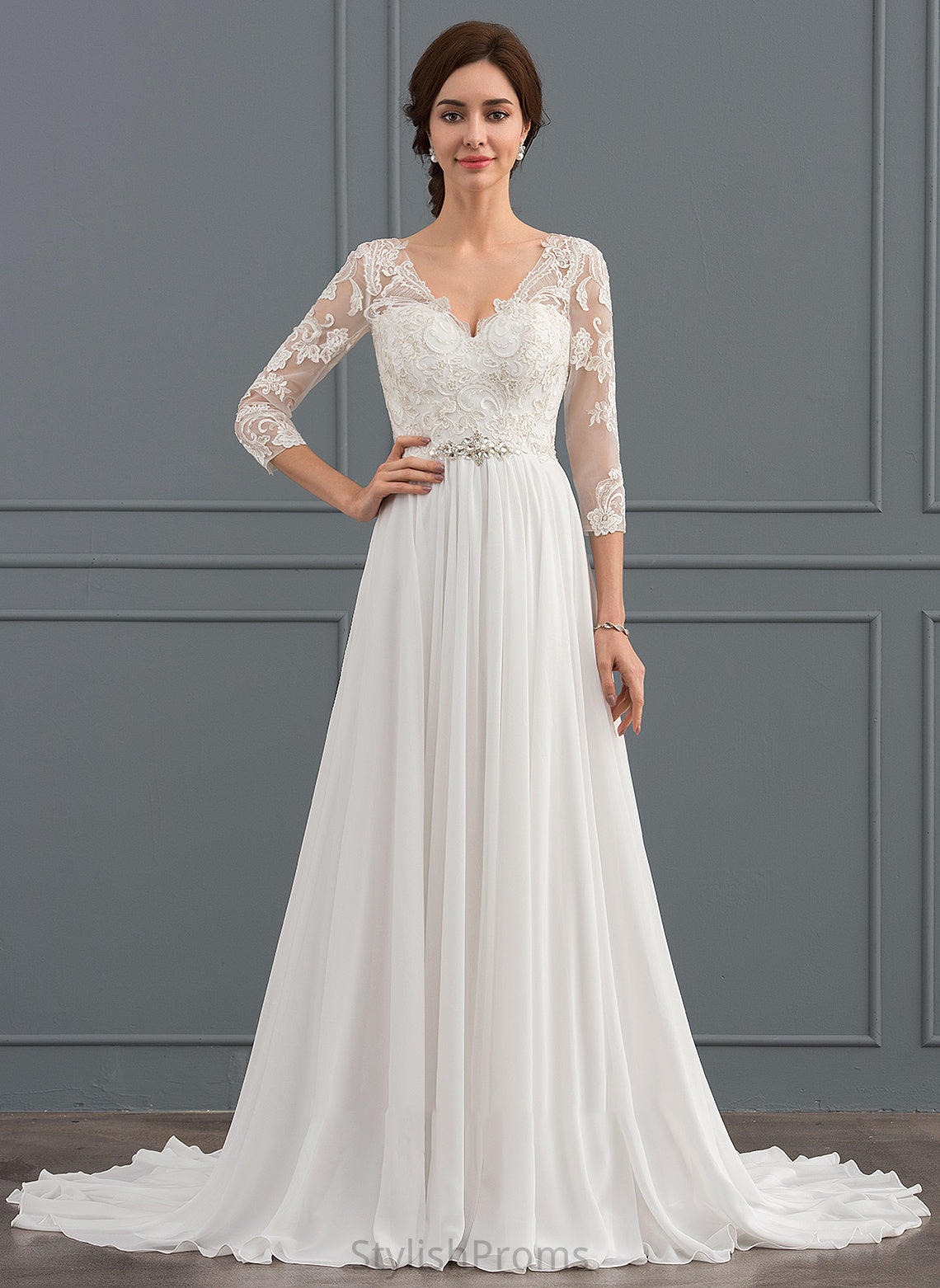 With Lilian V-neck Sequins Beading Wedding Dresses Chiffon Dress A-Line Wedding Train Lace Sweep